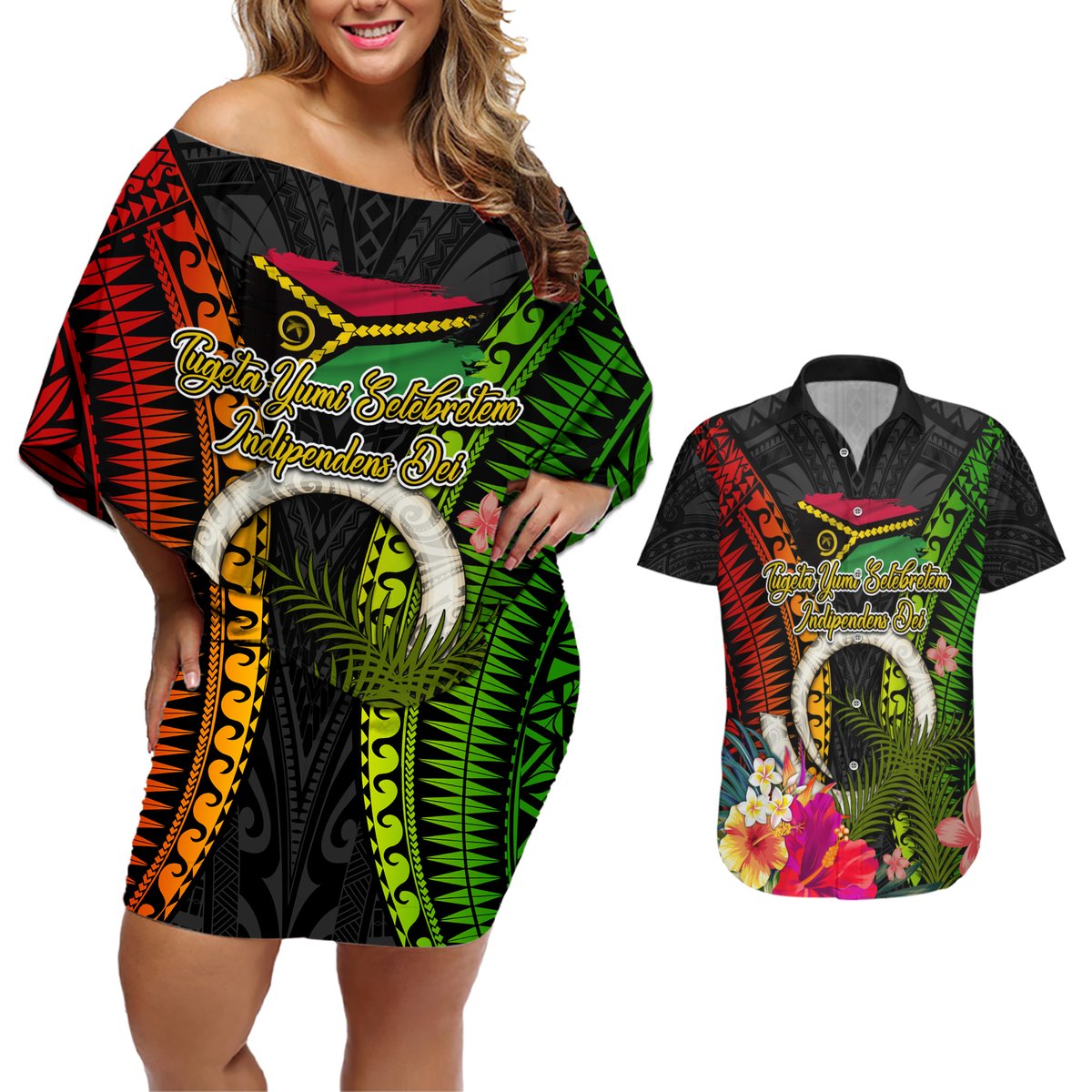 Vanuatu Independence Day Couples Matching Off Shoulder Short Dress and Hawaiian Shirt Tugeta Yumi Selebretem Indipendens Dei