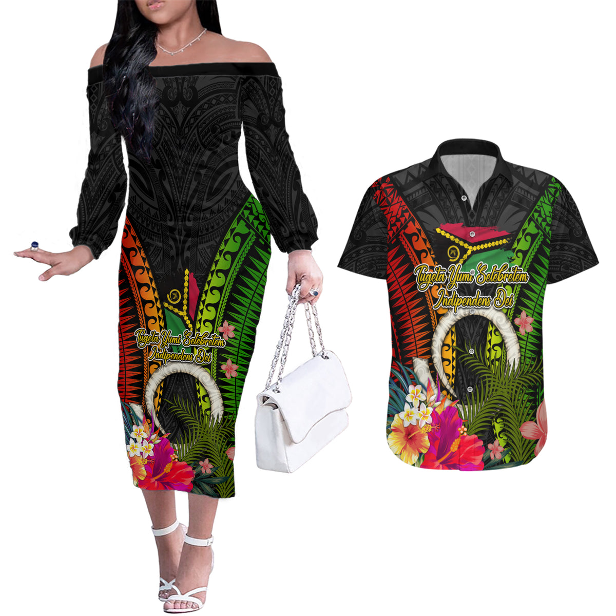 Vanuatu Independence Day Couples Matching Off The Shoulder Long Sleeve Dress and Hawaiian Shirt Tugeta Yumi Selebretem Indipendens Dei