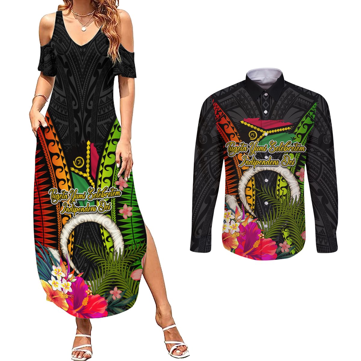 Vanuatu Independence Day Couples Matching Summer Maxi Dress and Long Sleeve Button Shirt Tugeta Yumi Selebretem Indipendens Dei