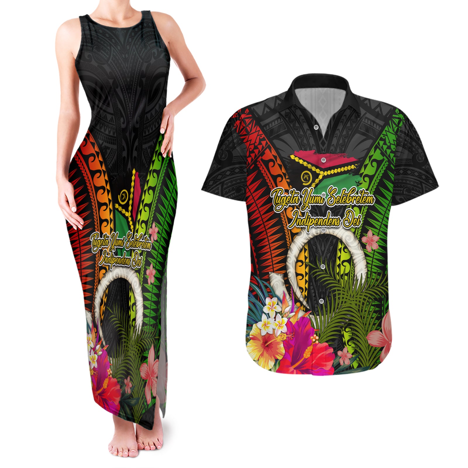 Vanuatu Independence Day Couples Matching Tank Maxi Dress and Hawaiian Shirt Tugeta Yumi Selebretem Indipendens Dei