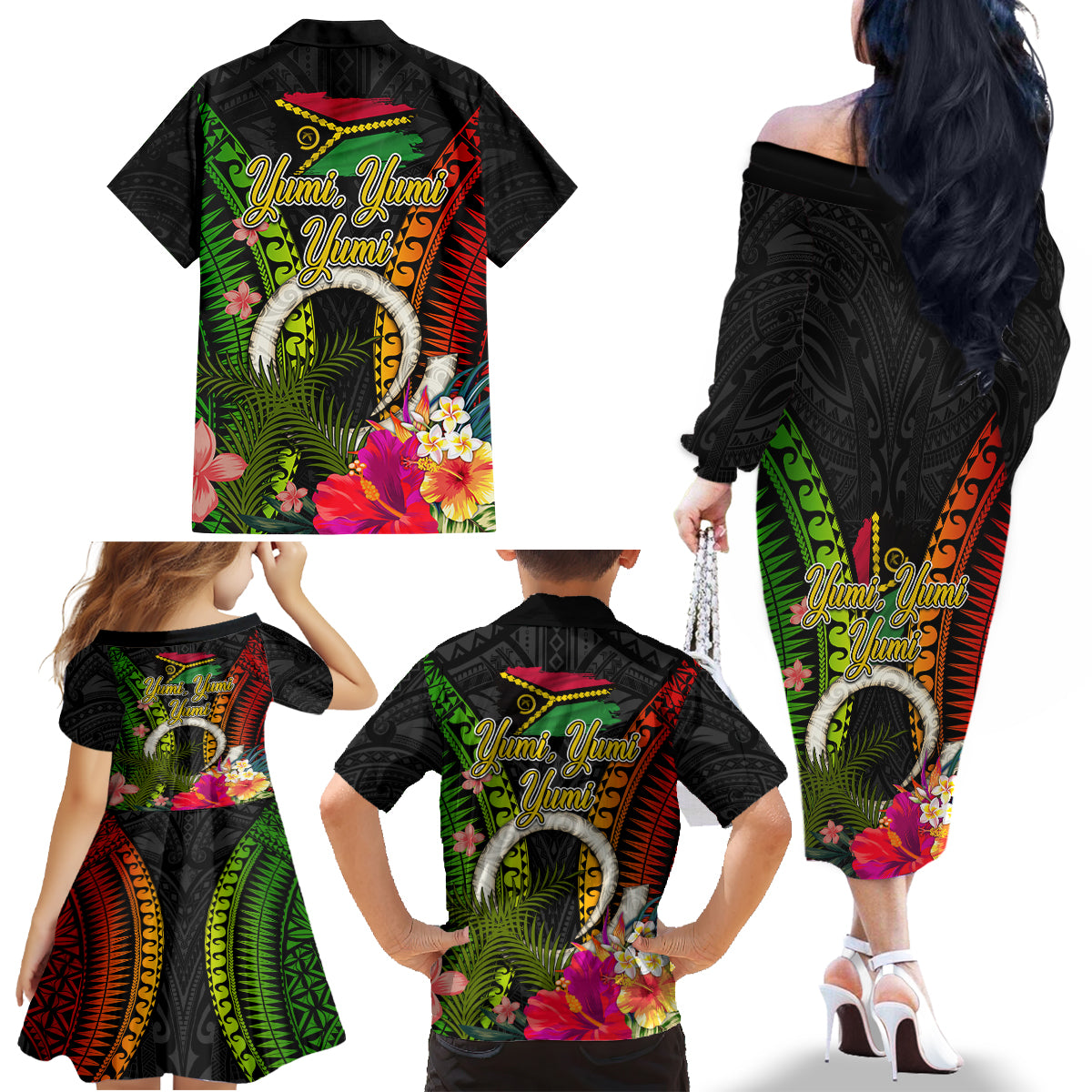 Vanuatu Independence Day Family Matching Off The Shoulder Long Sleeve Dress and Hawaiian Shirt Tugeta Yumi Selebretem Indipendens Dei