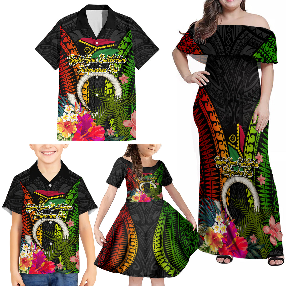 Vanuatu Independence Day Family Matching Off Shoulder Maxi Dress and Hawaiian Shirt Tugeta Yumi Selebretem Indipendens Dei