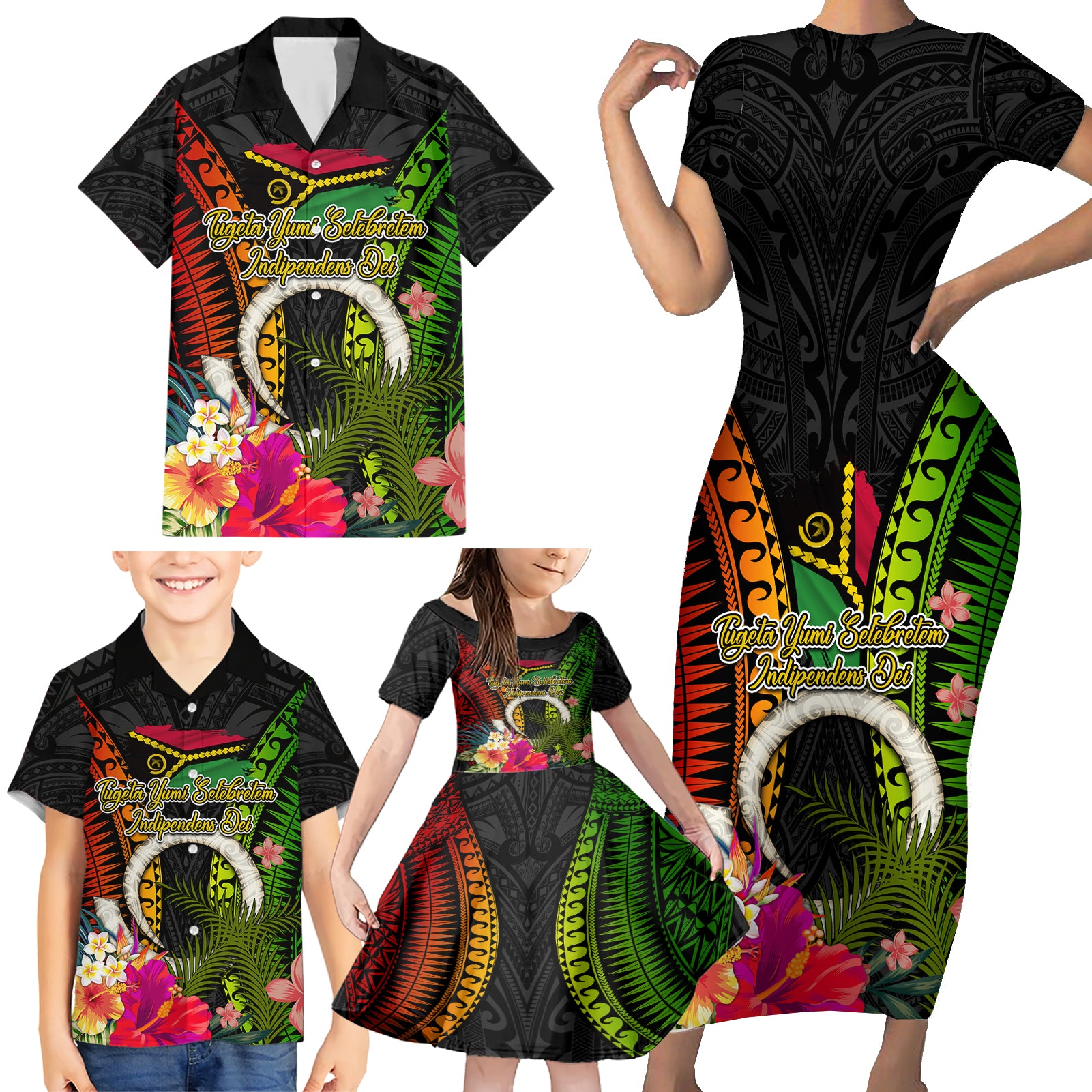 Vanuatu Independence Day Family Matching Short Sleeve Bodycon Dress and Hawaiian Shirt Tugeta Yumi Selebretem Indipendens Dei