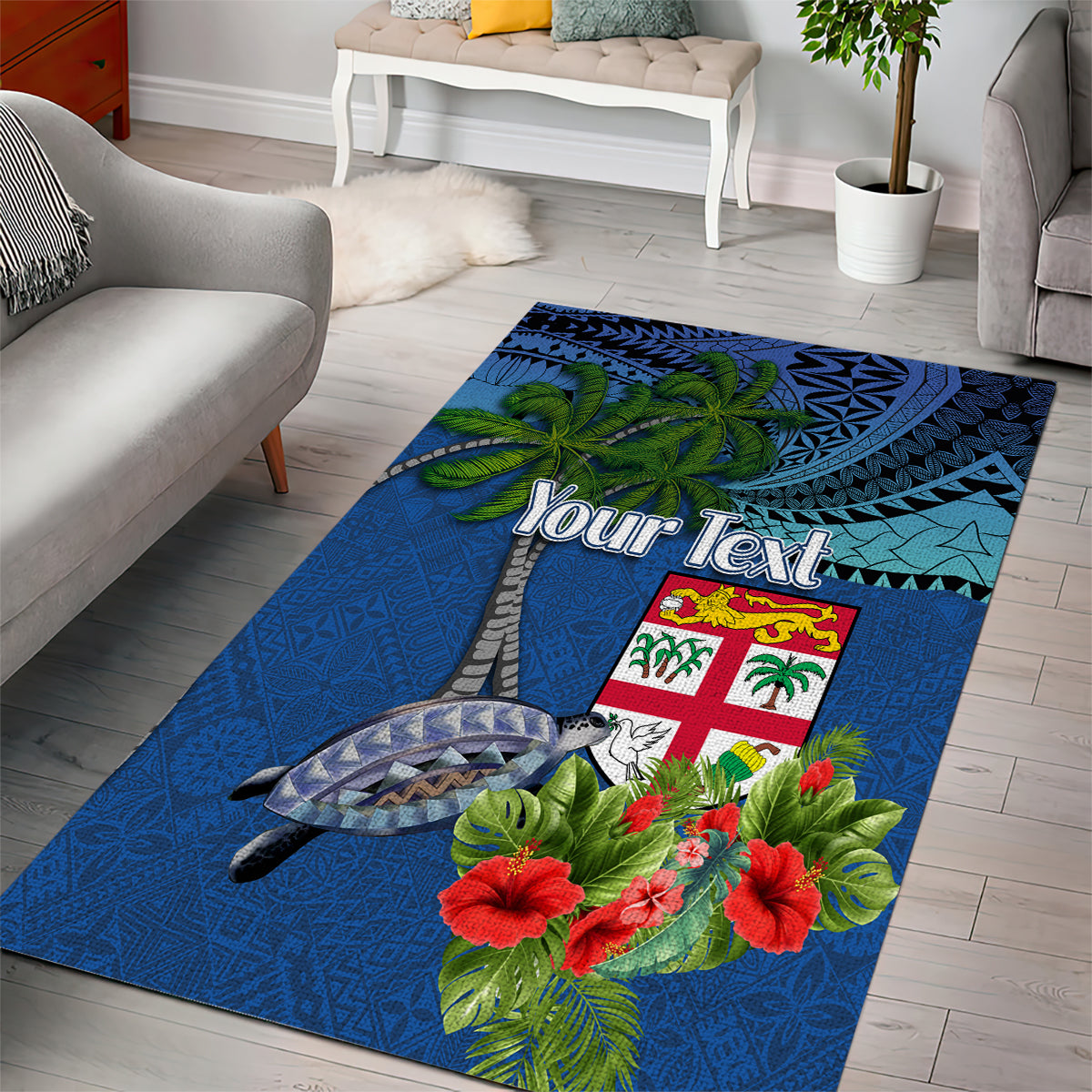 Personalised Fiji Independence Day Area Rug Fijian Coat of Arms Palm and Hibiscus Tapa Pattern
