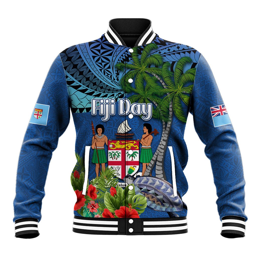 Fiji Independence Day Baseball Jacket Fijian Coat of Arms Palm and Hibiscus Tapa Pattern