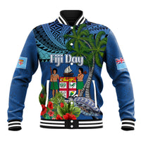 Fiji Independence Day Baseball Jacket Fijian Coat of Arms Palm and Hibiscus Tapa Pattern