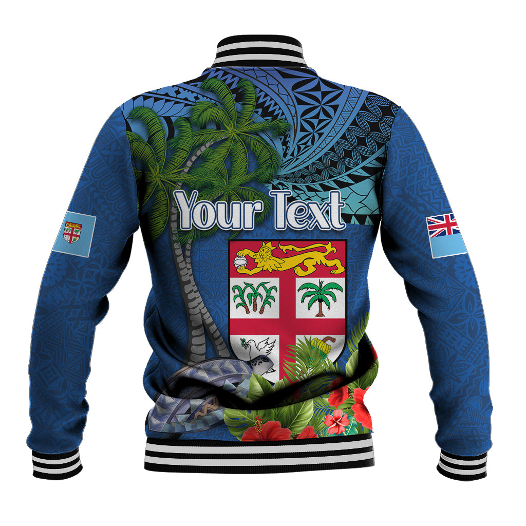 Fiji Independence Day Baseball Jacket Fijian Coat of Arms Palm and Hibiscus Tapa Pattern