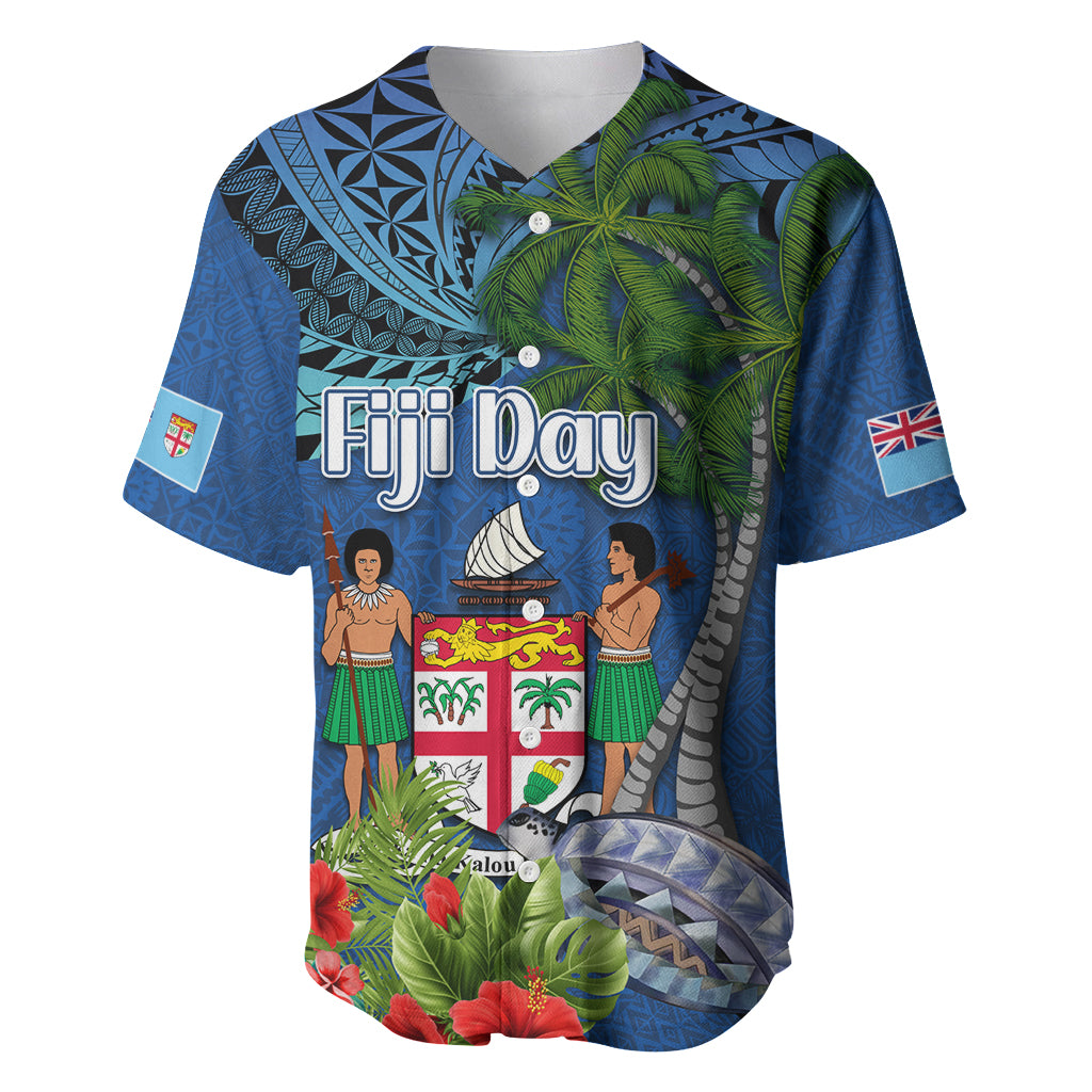 Fiji Independence Day Baseball Jersey Fijian Coat of Arms Palm and Hibiscus Tapa Pattern