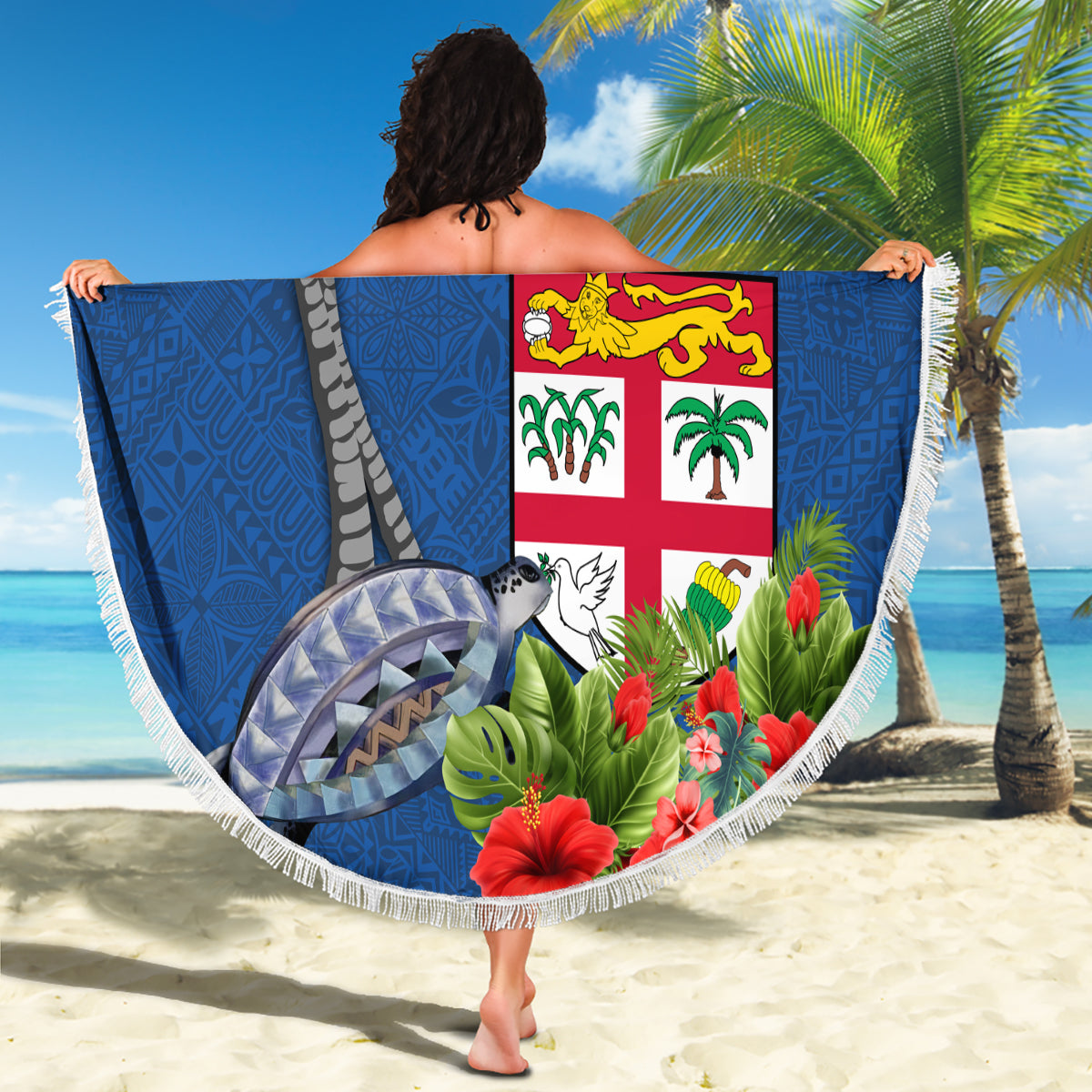 Personalised Fiji Independence Day Beach Blanket Fijian Coat of Arms Palm and Hibiscus Tapa Pattern