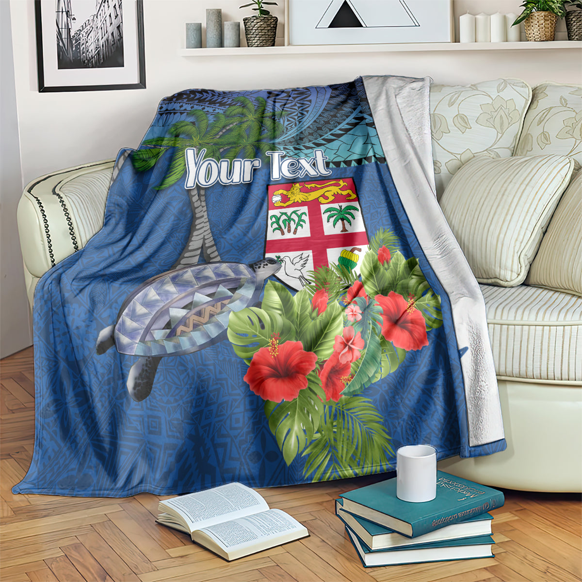 Personalised Fiji Independence Day Blanket Fijian Coat of Arms Palm and Hibiscus Tapa Pattern