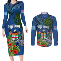 Fiji Independence Day Couples Matching Long Sleeve Bodycon Dress and Long Sleeve Button Shirt Fijian Coat of Arms Palm and Hibiscus Tapa Pattern