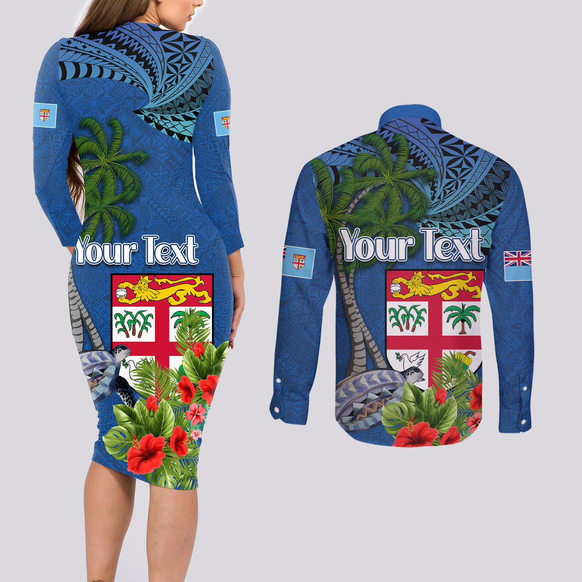 Fiji Independence Day Couples Matching Long Sleeve Bodycon Dress and Long Sleeve Button Shirt Fijian Coat of Arms Palm and Hibiscus Tapa Pattern