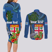 Fiji Independence Day Couples Matching Long Sleeve Bodycon Dress and Long Sleeve Button Shirt Fijian Coat of Arms Palm and Hibiscus Tapa Pattern
