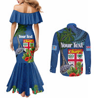 Fiji Independence Day Couples Matching Mermaid Dress and Long Sleeve Button Shirt Fijian Coat of Arms Palm and Hibiscus Tapa Pattern