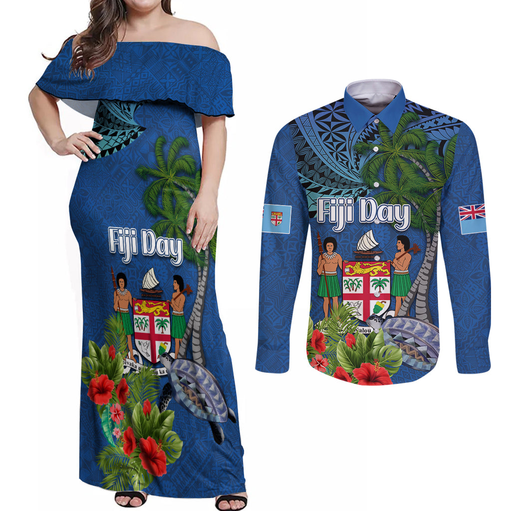 Fiji Independence Day Couples Matching Off Shoulder Maxi Dress and Long Sleeve Button Shirt Fijian Coat of Arms Palm and Hibiscus Tapa Pattern