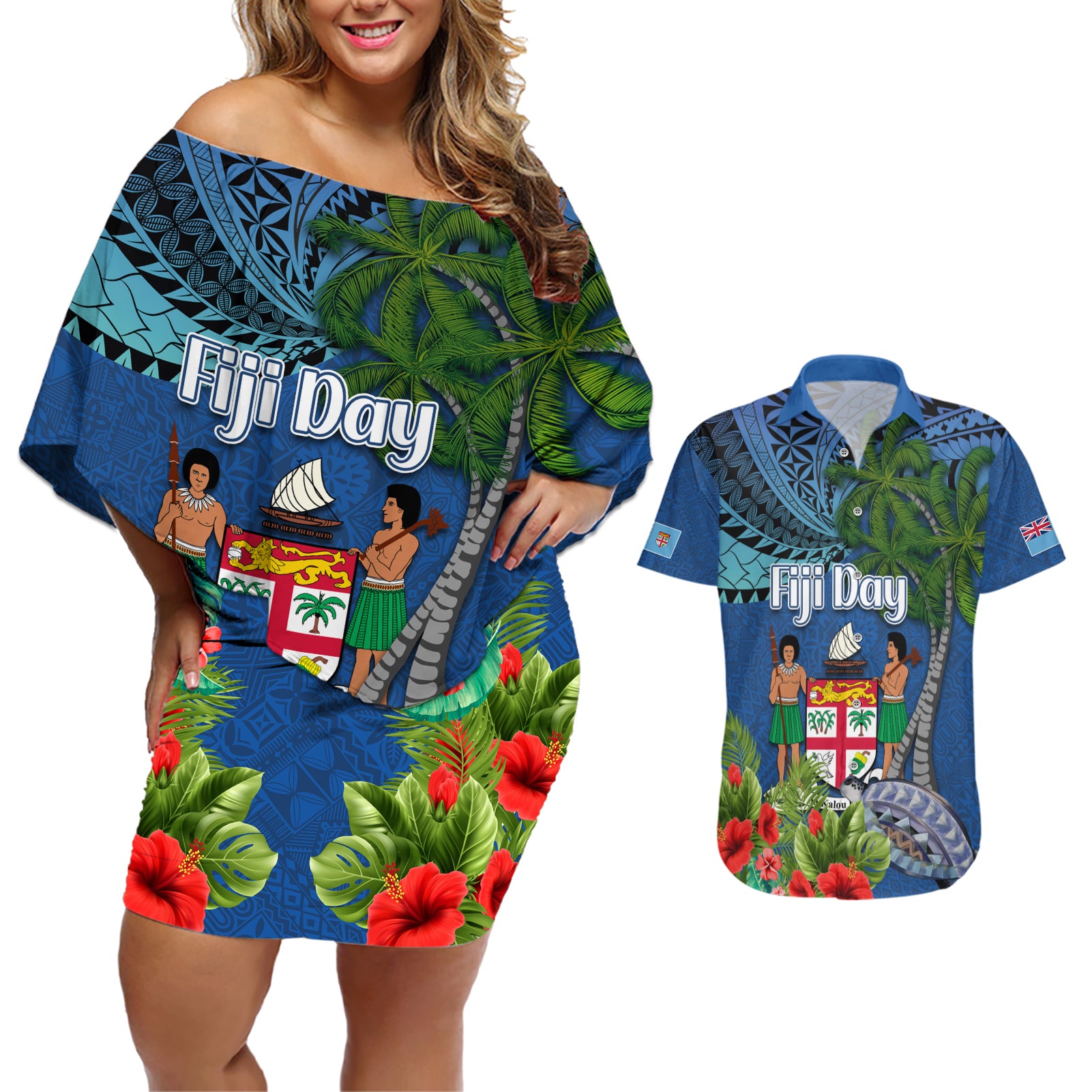 Fiji Independence Day Couples Matching Off Shoulder Short Dress and Hawaiian Shirt Fijian Coat of Arms Palm and Hibiscus Tapa Pattern