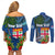 Fiji Independence Day Couples Matching Off Shoulder Short Dress and Long Sleeve Button Shirt Fijian Coat of Arms Palm and Hibiscus Tapa Pattern