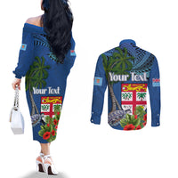 Fiji Independence Day Couples Matching Off The Shoulder Long Sleeve Dress and Long Sleeve Button Shirt Fijian Coat of Arms Palm and Hibiscus Tapa Pattern
