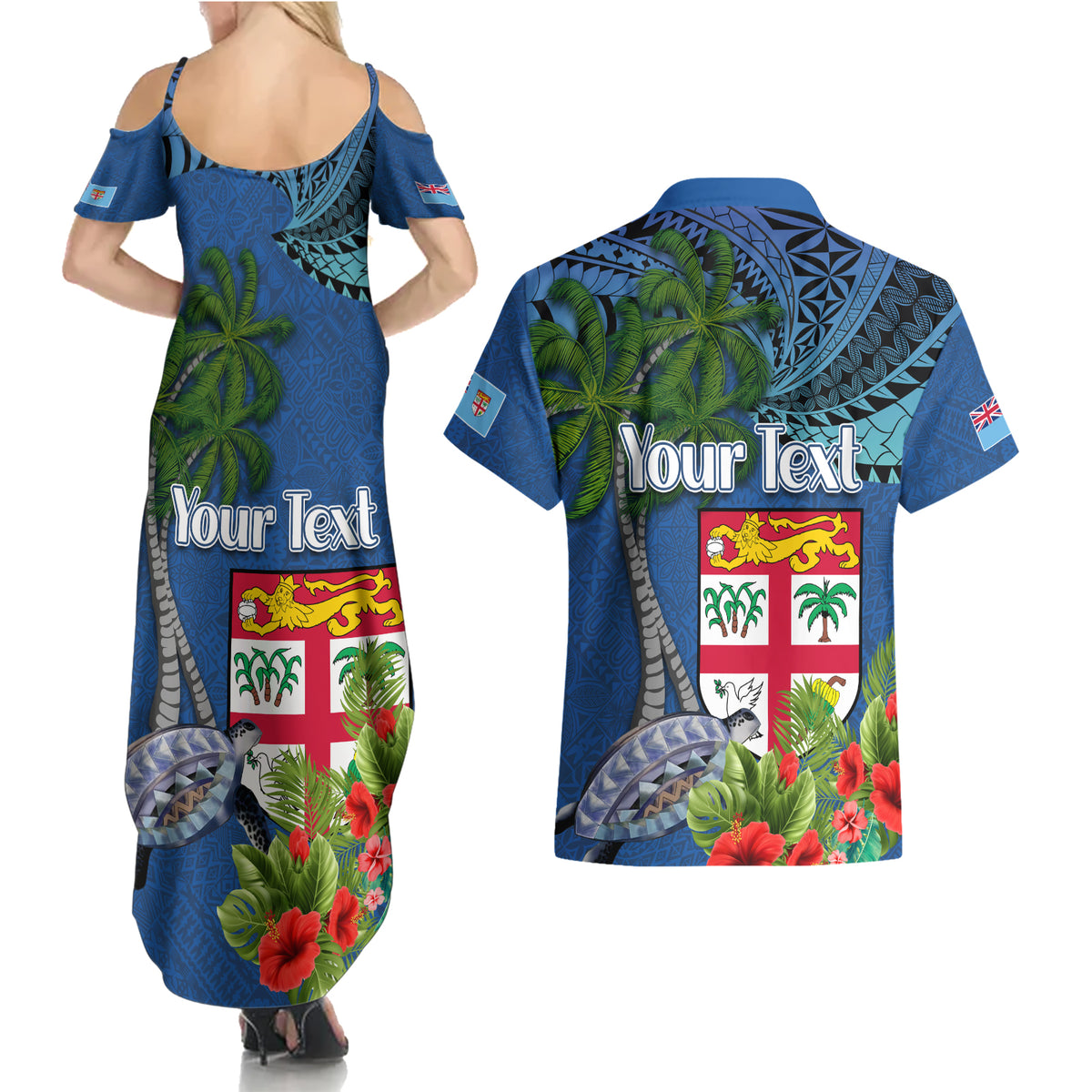 Fiji Independence Day Couples Matching Summer Maxi Dress and Hawaiian Shirt Fijian Coat of Arms Palm and Hibiscus Tapa Pattern