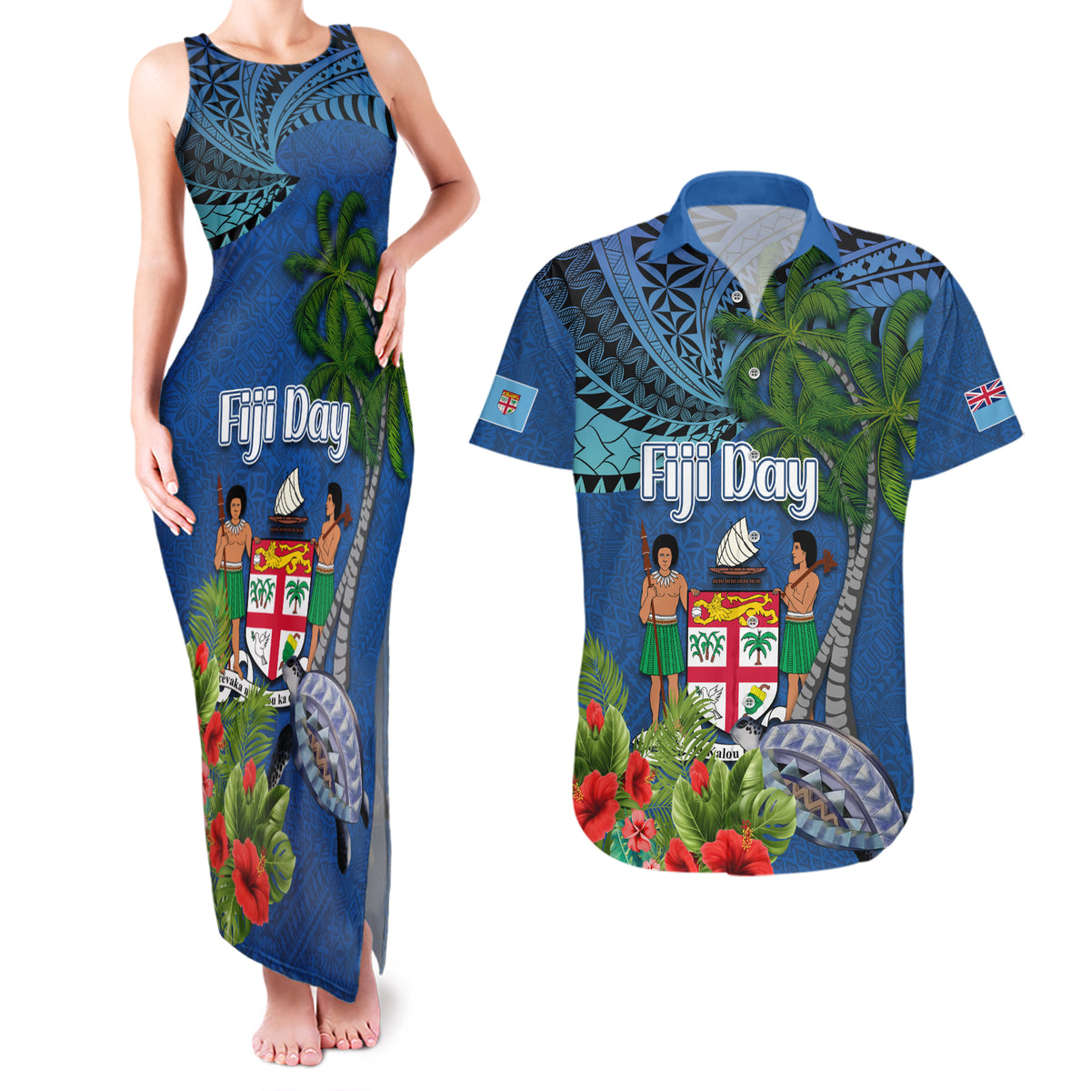 Fiji Independence Day Couples Matching Tank Maxi Dress and Hawaiian Shirt Fijian Coat of Arms Palm and Hibiscus Tapa Pattern
