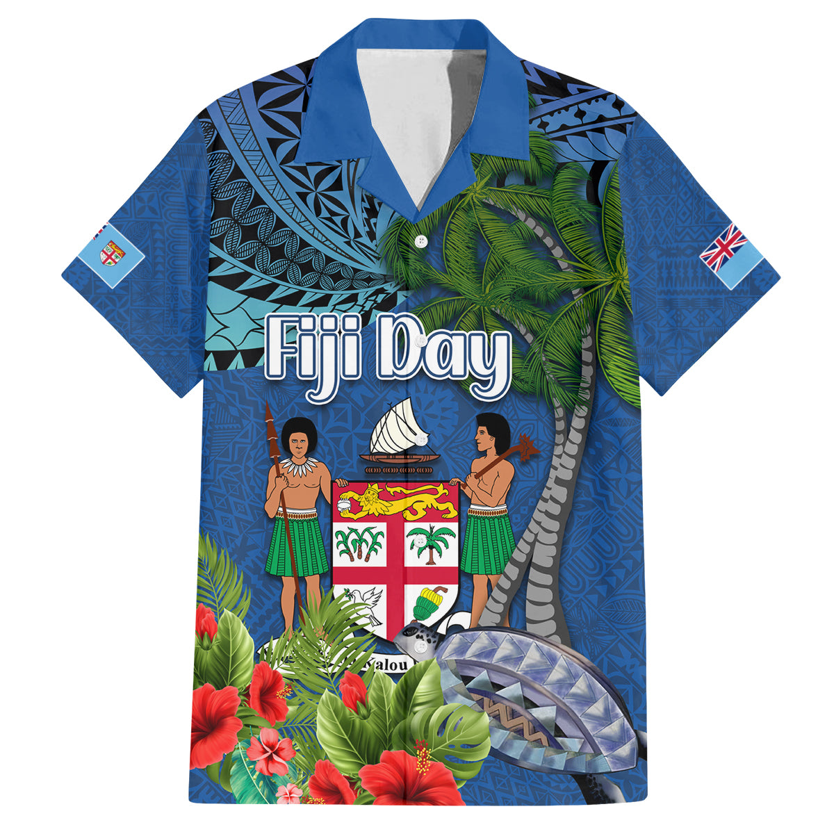 Fiji Independence Day Family Matching Off Shoulder Maxi Dress and Hawaiian Shirt Fijian Coat of Arms Palm and Hibiscus Tapa Pattern
