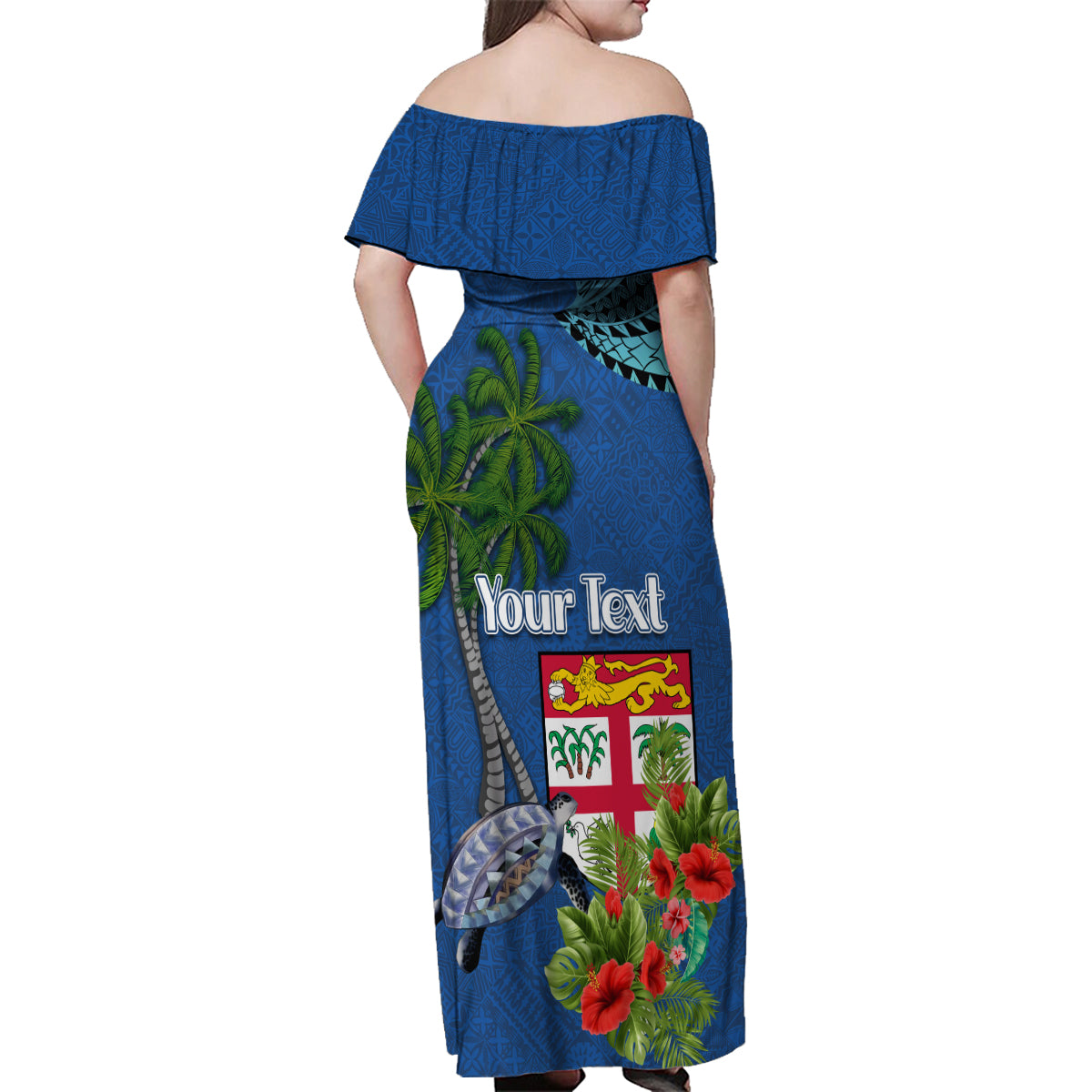 Fiji Independence Day Family Matching Off Shoulder Maxi Dress and Hawaiian Shirt Fijian Coat of Arms Palm and Hibiscus Tapa Pattern