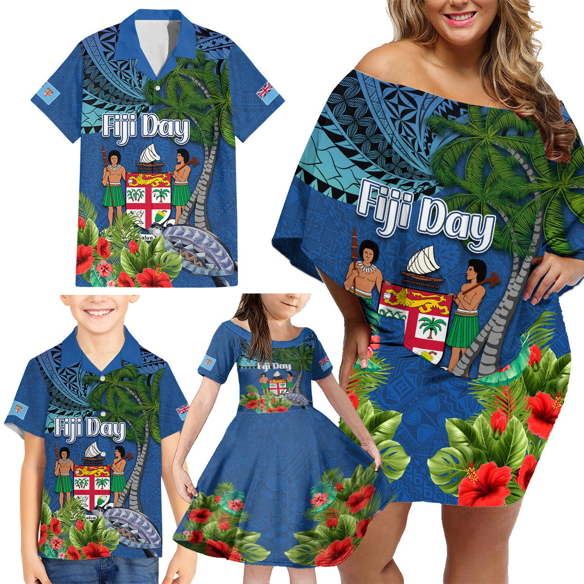 Fiji Independence Day Family Matching Off Shoulder Short Dress and Hawaiian Shirt Fijian Coat of Arms Palm and Hibiscus Tapa Pattern