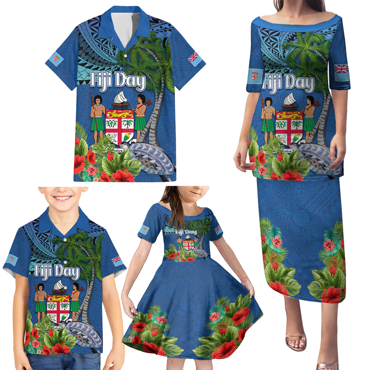 Fiji Independence Day Family Matching Puletasi and Hawaiian Shirt Fijian Coat of Arms Palm and Hibiscus Tapa Pattern