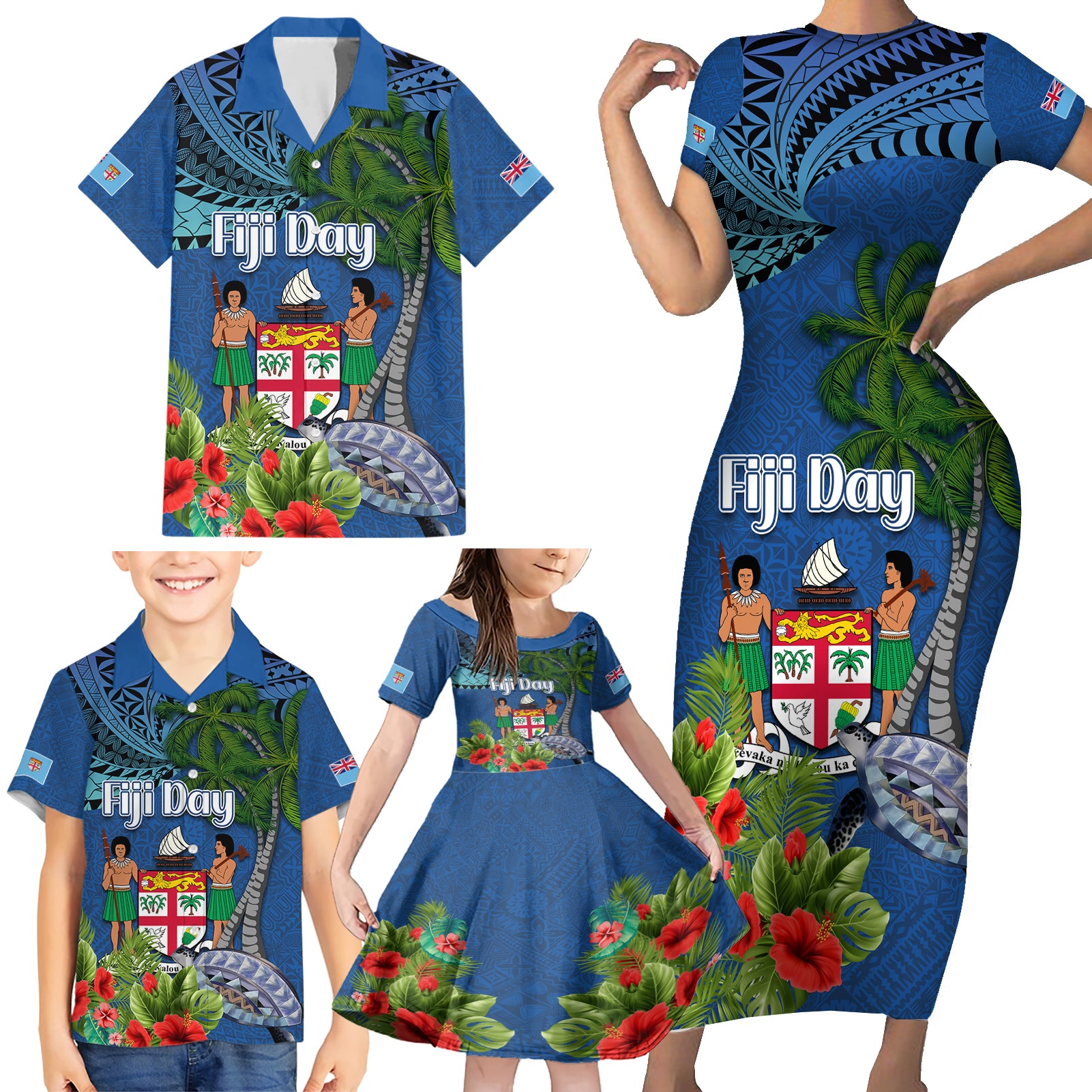 Fiji Independence Day Family Matching Short Sleeve Bodycon Dress and Hawaiian Shirt Fijian Coat of Arms Palm and Hibiscus Tapa Pattern