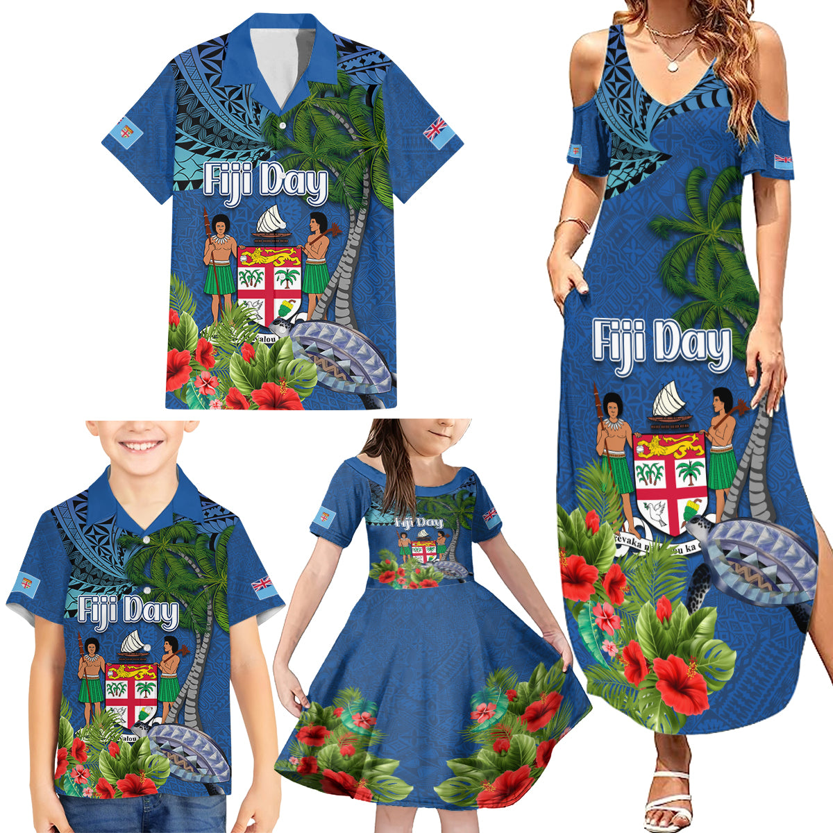 Fiji Independence Day Family Matching Summer Maxi Dress and Hawaiian Shirt Fijian Coat of Arms Palm and Hibiscus Tapa Pattern