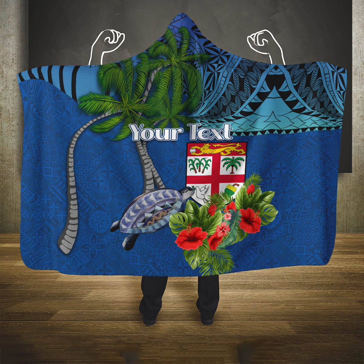 Personalised Fiji Independence Day Hooded Blanket Fijian Coat of Arms Palm and Hibiscus Tapa Pattern