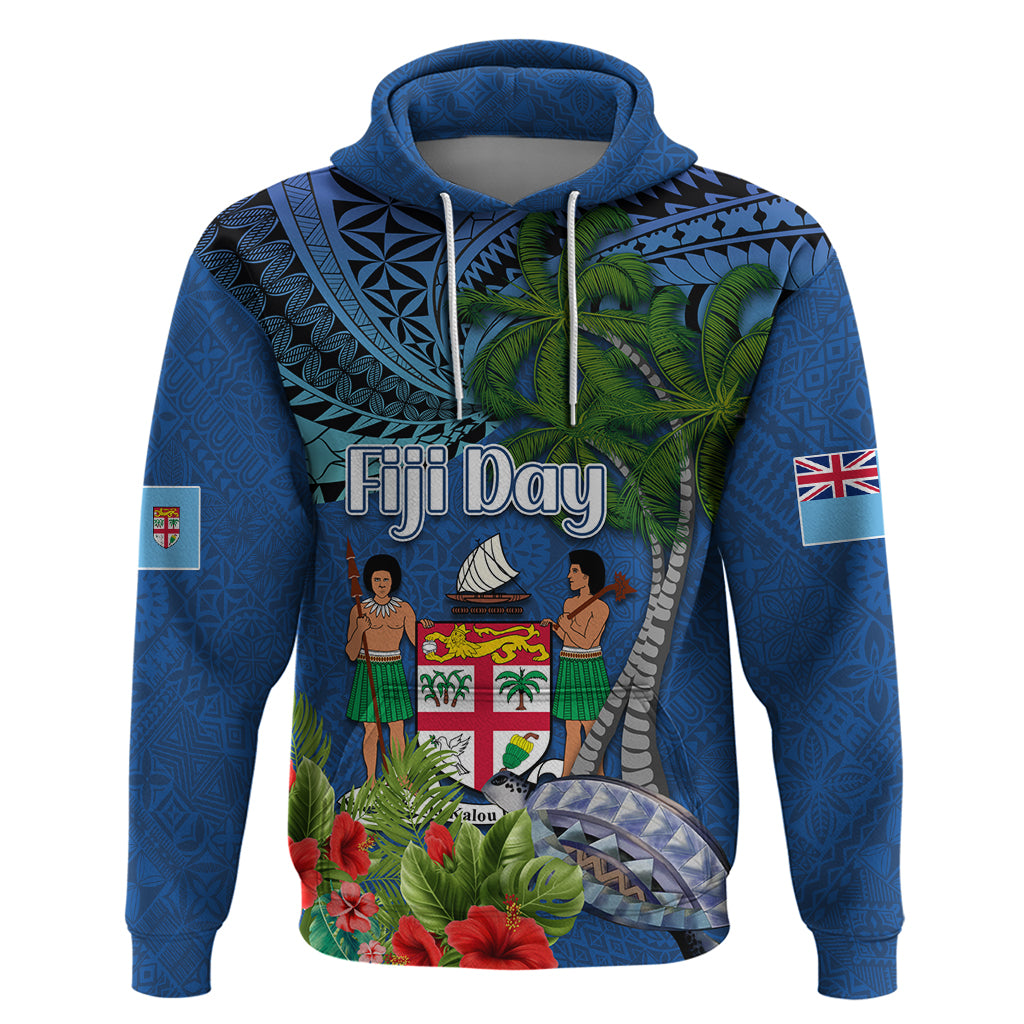 Fiji Independence Day Hoodie Fijian Coat of Arms Palm and Hibiscus Tapa Pattern