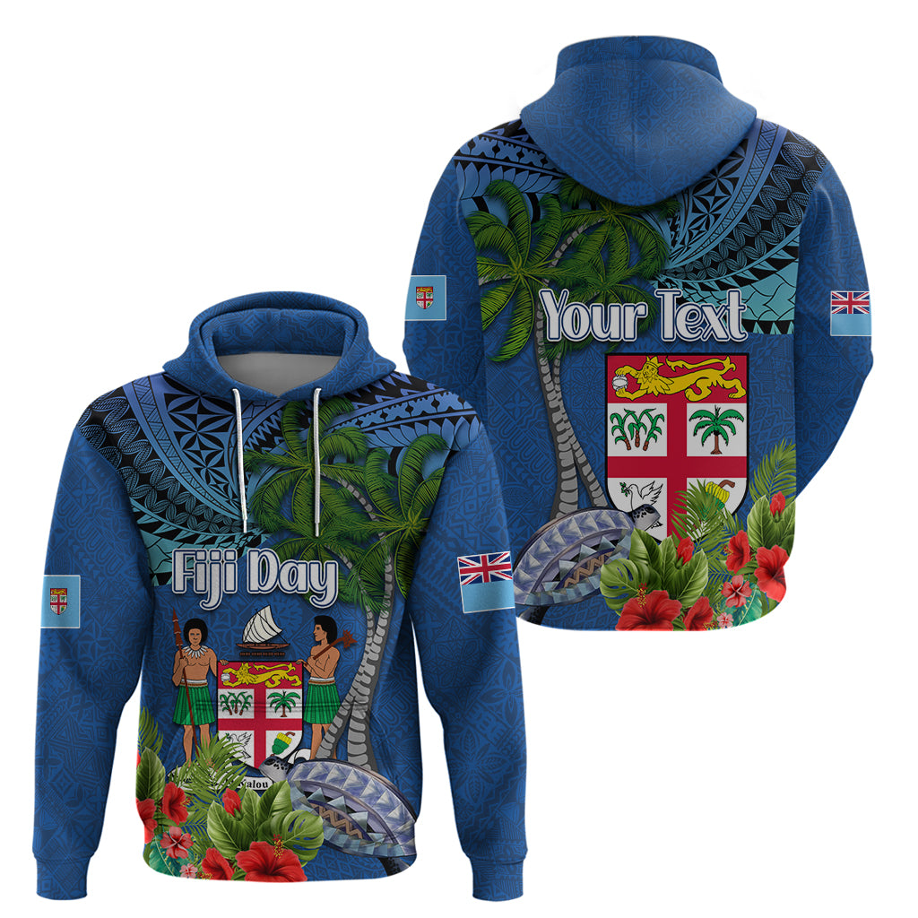 Fiji Independence Day Hoodie Fijian Coat of Arms Palm and Hibiscus Tapa Pattern