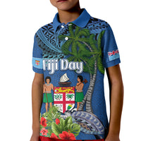 Fiji Independence Day Kid Polo Shirt Fijian Coat of Arms Palm and Hibiscus Tapa Pattern