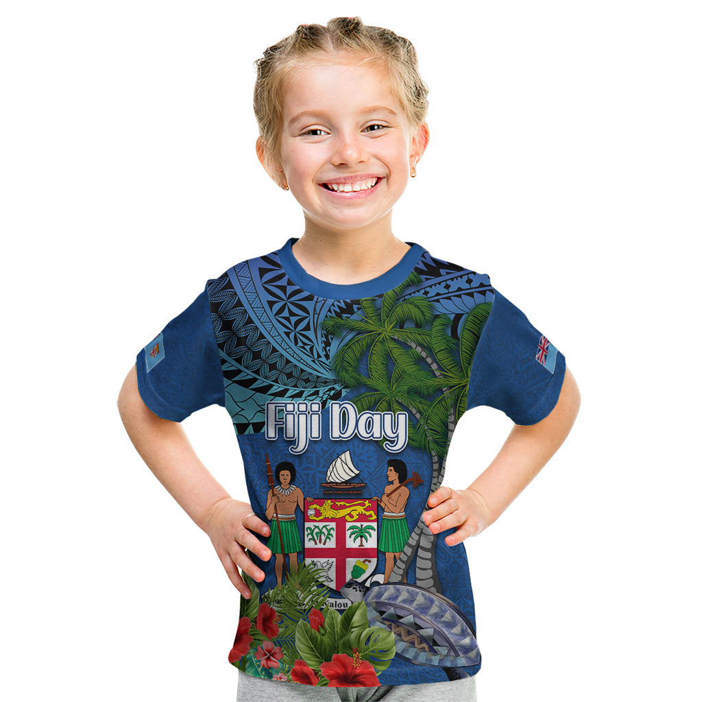 Fiji Independence Day Kid T Shirt Fijian Coat of Arms Palm and Hibiscus Tapa Pattern