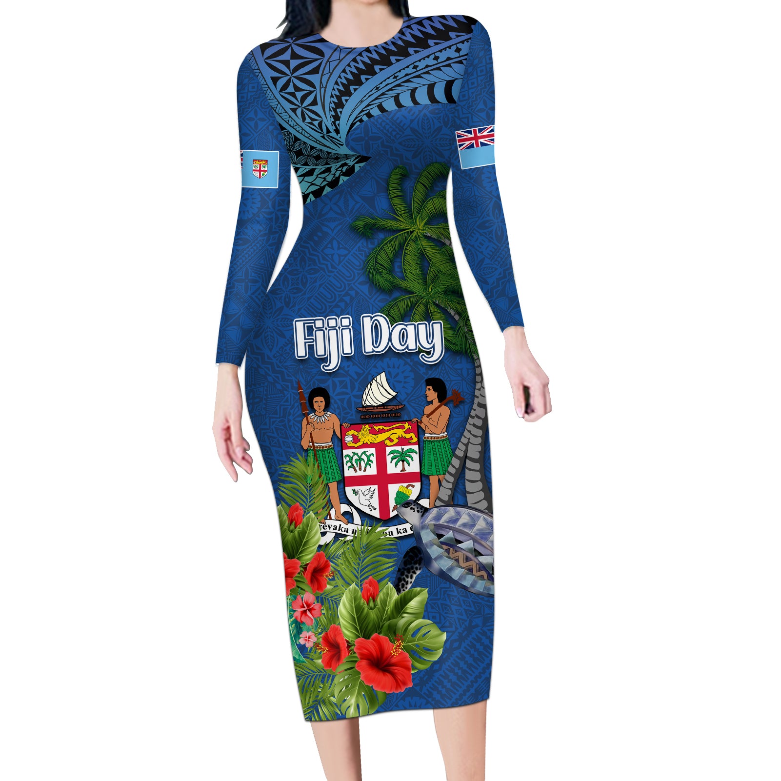 Fiji Independence Day Long Sleeve Bodycon Dress Fijian Coat of Arms Palm and Hibiscus Tapa Pattern