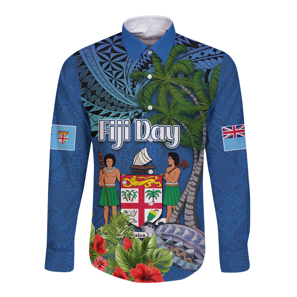 Fiji Independence Day Long Sleeve Button Shirt Fijian Coat of Arms Palm and Hibiscus Tapa Pattern