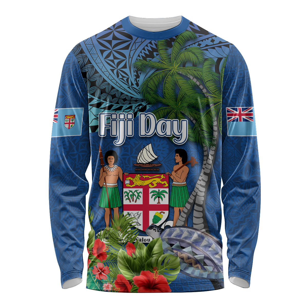 Fiji Independence Day Long Sleeve Shirt Fijian Coat of Arms Palm and Hibiscus Tapa Pattern