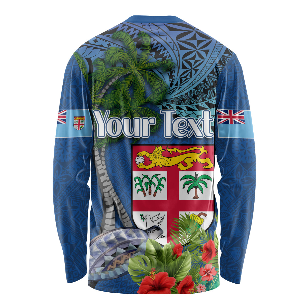 Fiji Independence Day Long Sleeve Shirt Fijian Coat of Arms Palm and Hibiscus Tapa Pattern