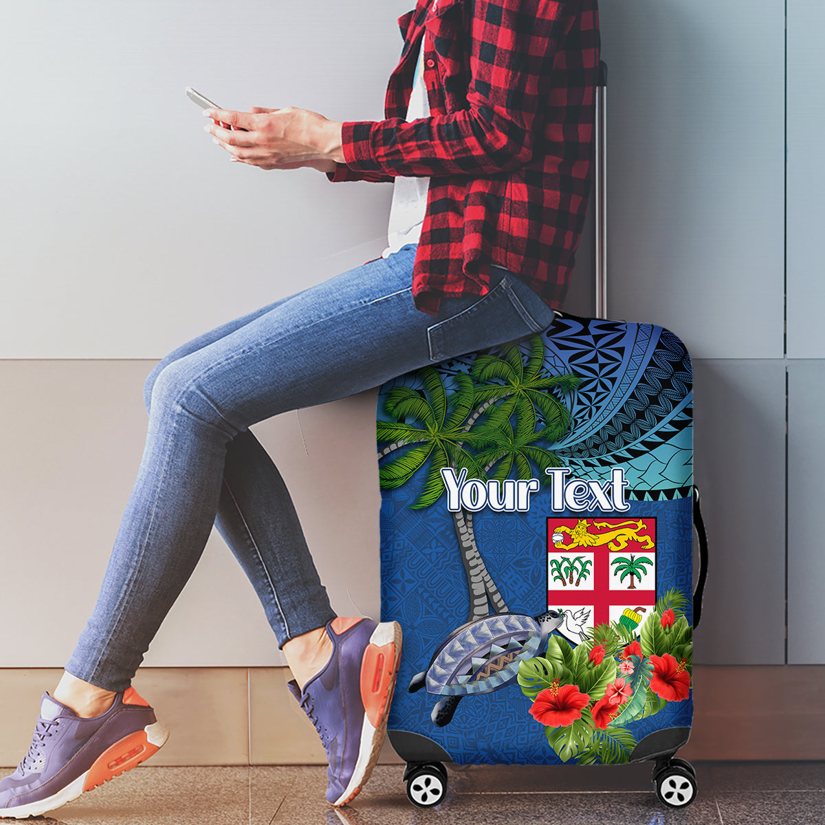 Personalised Fiji Independence Day Luggage Cover Fijian Coat of Arms Palm and Hibiscus Tapa Pattern