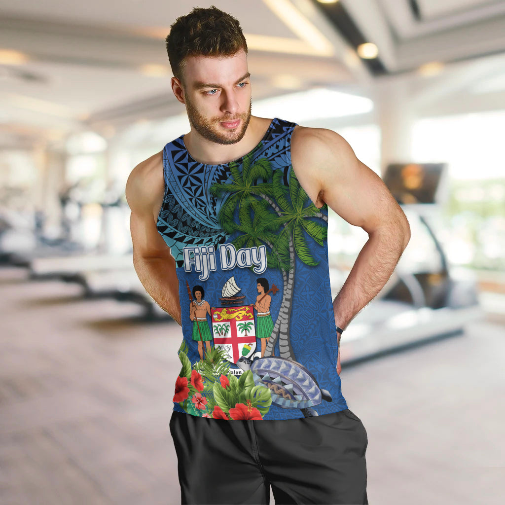 Fiji Independence Day Men Tank Top Fijian Coat of Arms Palm and Hibiscus Tapa Pattern