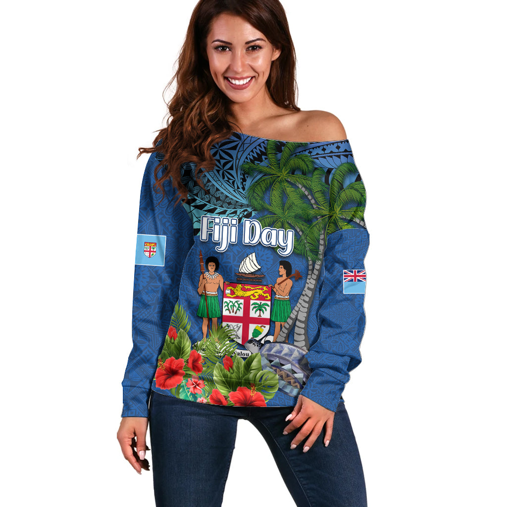 Fiji Independence Day Off Shoulder Sweater Fijian Coat of Arms Palm and Hibiscus Tapa Pattern