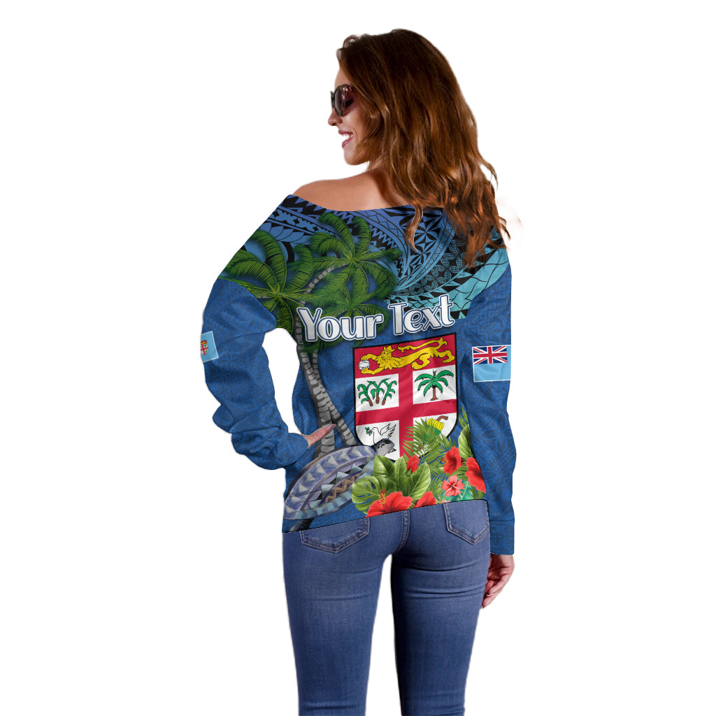 Fiji Independence Day Off Shoulder Sweater Fijian Coat of Arms Palm and Hibiscus Tapa Pattern