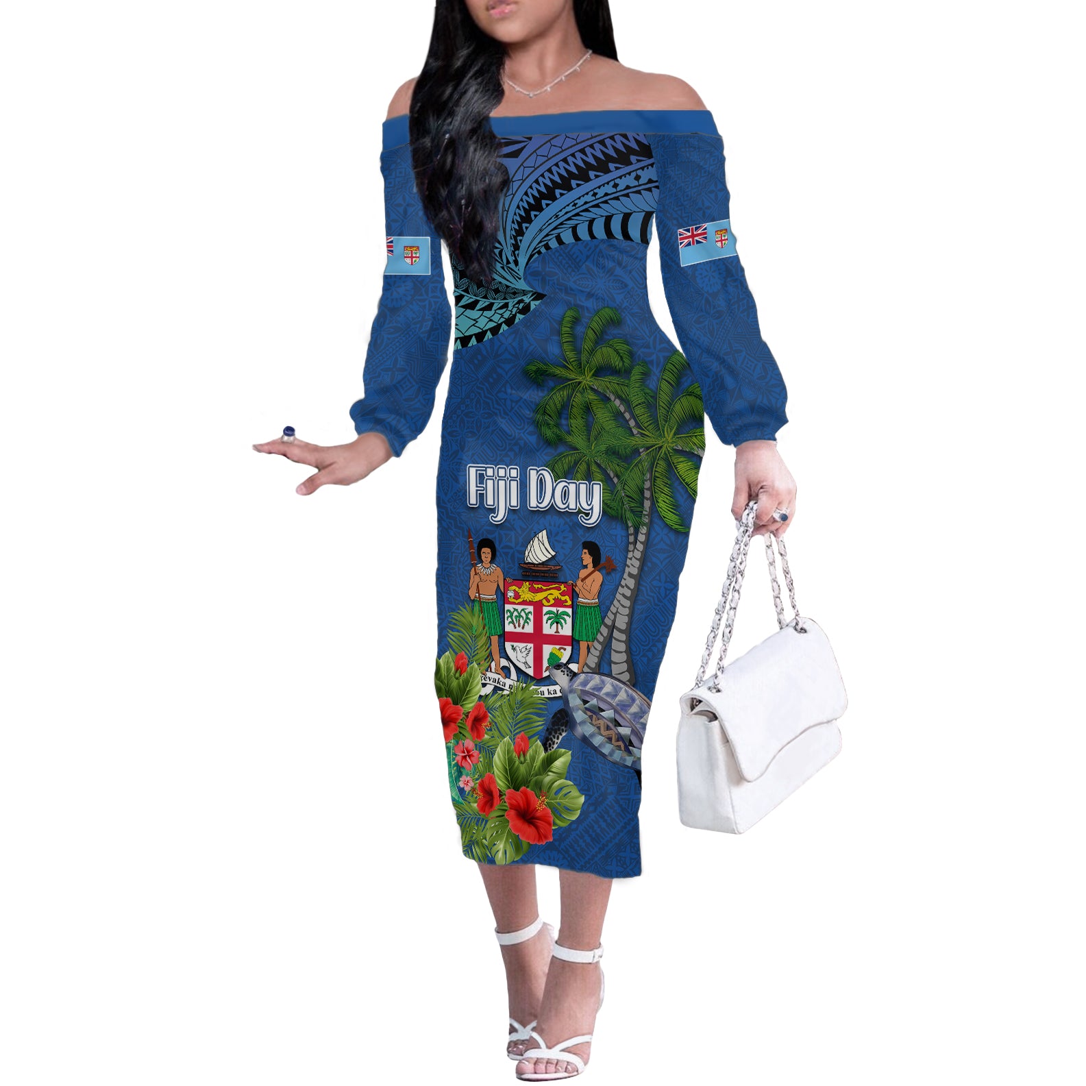 Fiji Independence Day Off The Shoulder Long Sleeve Dress Fijian Coat of Arms Palm and Hibiscus Tapa Pattern