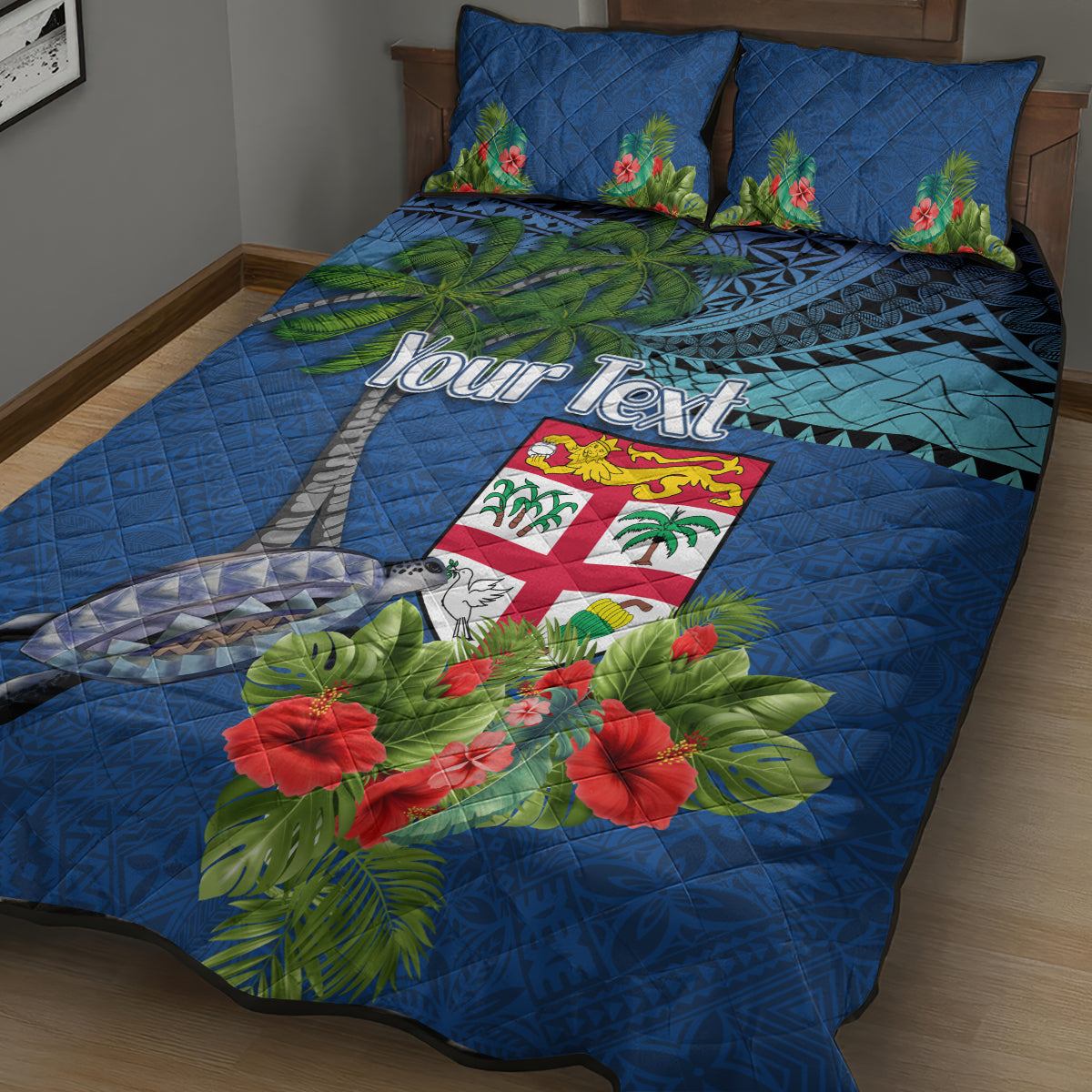 Personalised Fiji Independence Day Quilt Bed Set Fijian Coat of Arms Palm and Hibiscus Tapa Pattern