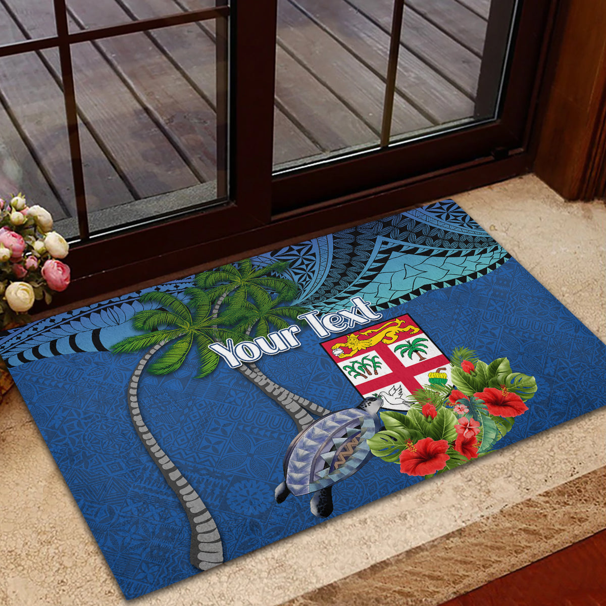 Personalised Fiji Independence Day Rubber Doormat Fijian Coat of Arms Palm and Hibiscus Tapa Pattern