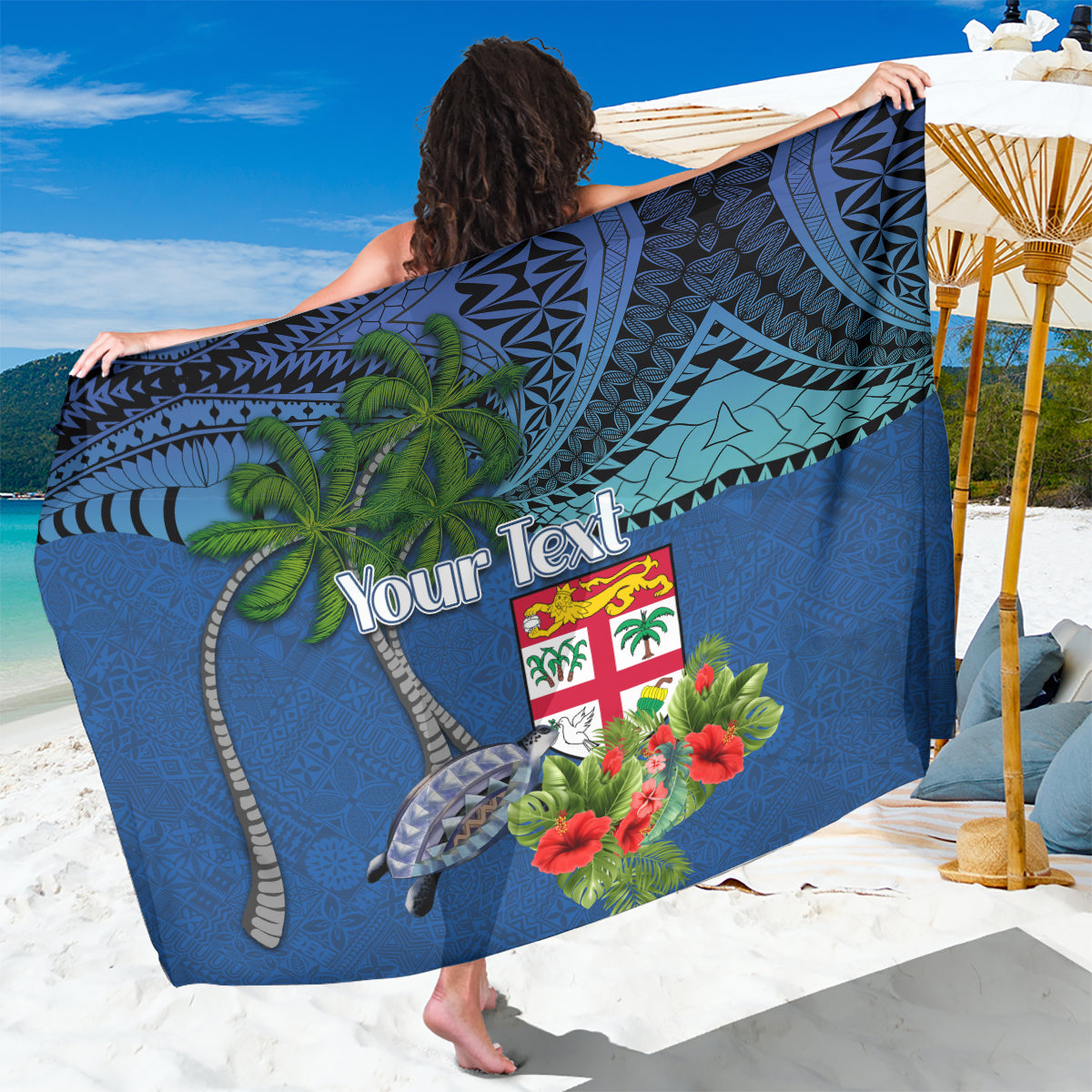 Personalised Fiji Independence Day Sarong Fijian Coat of Arms Palm and Hibiscus Tapa Pattern