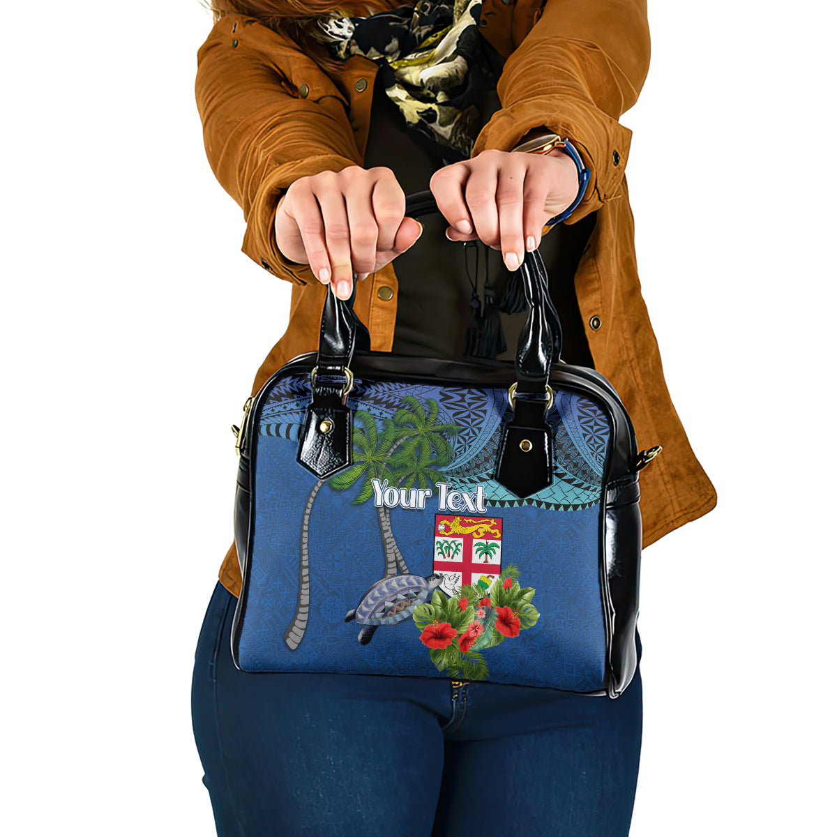 Personalised Fiji Independence Day Shoulder Handbag Fijian Coat of Arms Palm and Hibiscus Tapa Pattern