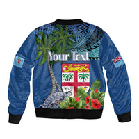 Fiji Independence Day Sleeve Zip Bomber Jacket Fijian Coat of Arms Palm and Hibiscus Tapa Pattern