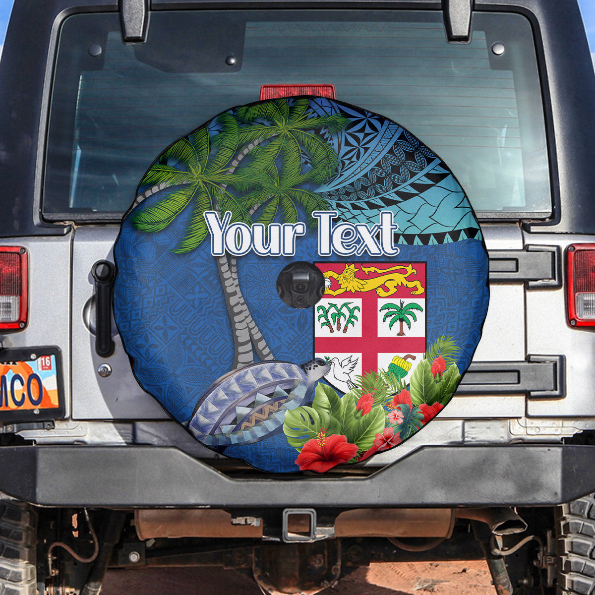 Personalised Fiji Independence Day Spare Tire Cover Fijian Coat of Arms Palm and Hibiscus Tapa Pattern